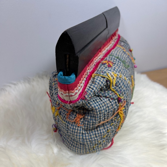 Women's Free People Quilt Embroidered Wood Handle Boho Clutch - Picture 3 of 15